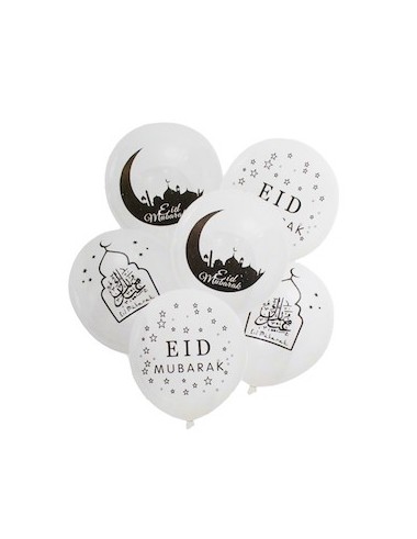 Ballons Eid Mubarak Blancs Noirs et Or x6